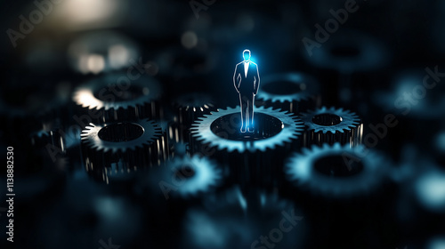 A network of intricately interwoven gears spins harmoniously, with a businessman figure glowing in blue at the center, symbolizing efficient resource management. photo