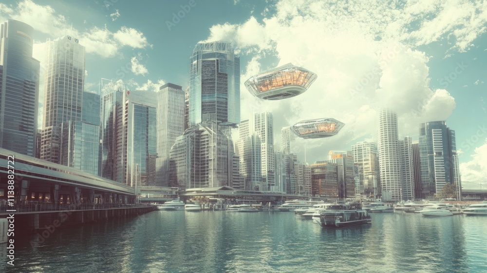 Obraz premium Futuristic city harbor with flying vehicles.