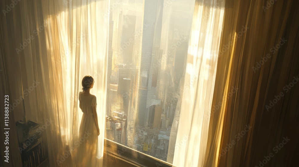 A figure gazes out a window draped in soft curtains, overlooking a cityscape at sunset. A figure gazes out a window draped in soft curtains, overlooking a cityscape at sunset.