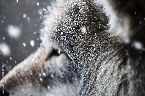 Close-up of wolf in snowfall displaying details of fur and cold resilience