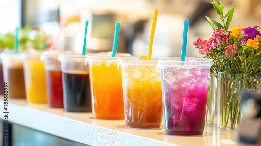 A colorful display of various refreshing beverages in clear cups with straws. A colorful display of various refreshing beverages in clear cups with straws.