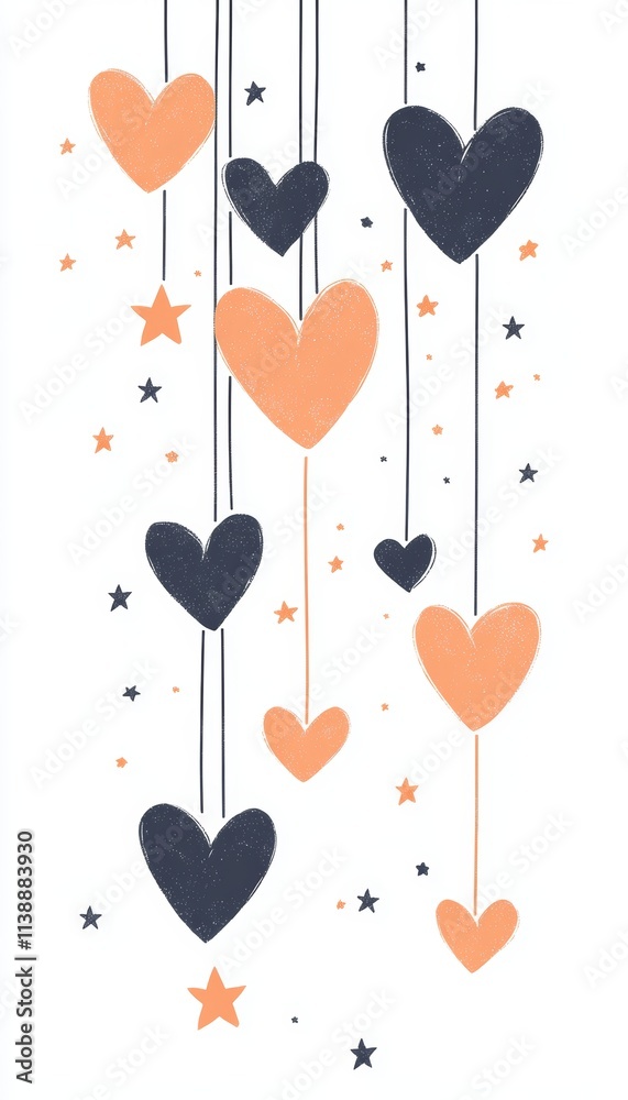 Charming hand drawn illustration of navy and orange hanging hearts with stars on white background Charming hand drawn illustration of navy and orange hanging hearts with stars on white background
