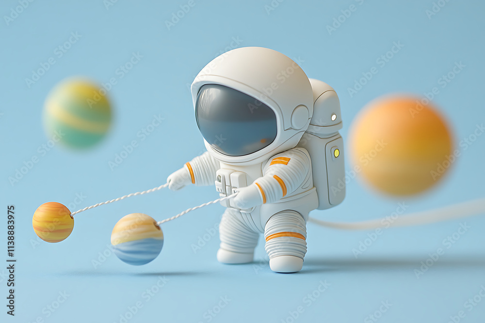 Naklejka premium A Little Astronaut's Planetary Playtime Exploring the Cosmos with Colorful Mini Planets