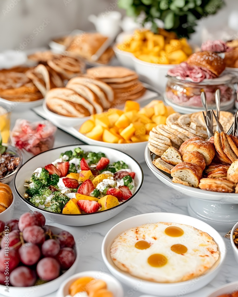A vibrant spread of breakfast foods including fruits, pastries, and salads for a gathering. A vibrant spread of breakfast foods including fruits, pastries, and salads for a gathering.