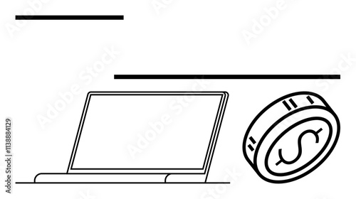 Laptop placed next to a dollar coin with two horizontal lines above. Ideal for finance, business strategy, online banking, digital marketing, financial reports, investments, economic analysis. Line