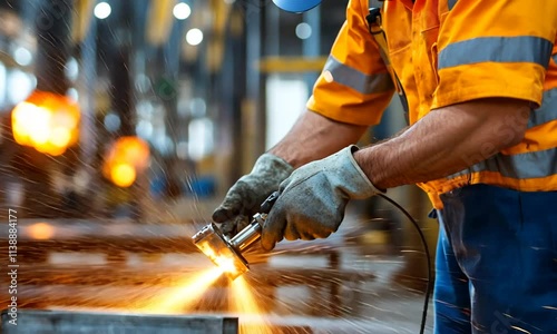 Worker using a torch in a manufacturing facility. photo