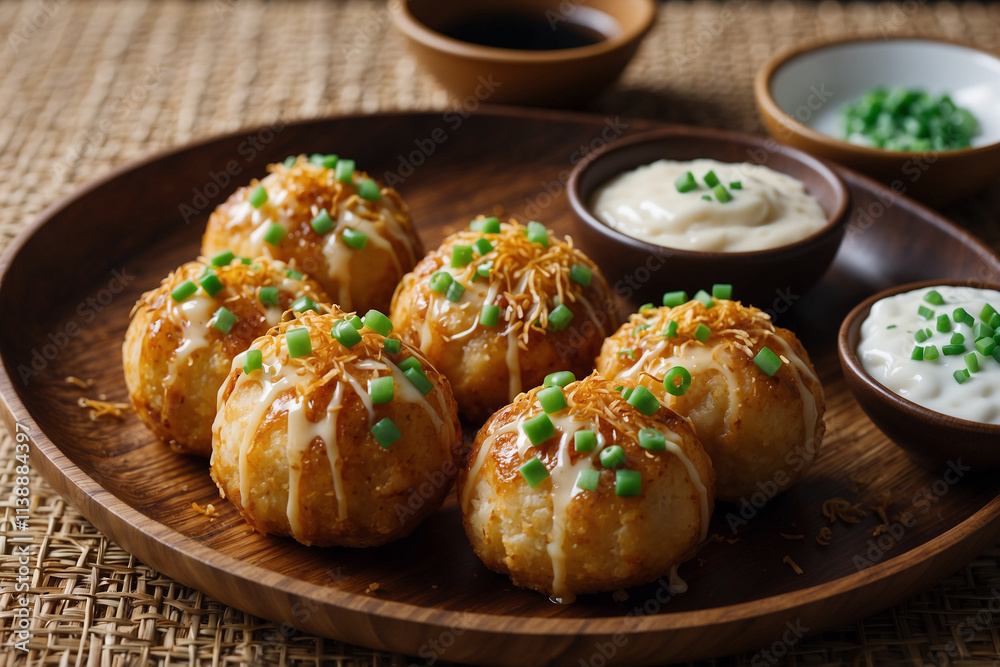 Golden takoyaki balls with glossy sauce, creamy mayo, bonito flakes, and green onions on bamboo plate Golden takoyaki balls with glossy sauce, creamy mayo, bonito flakes, and green onions on bamboo plate