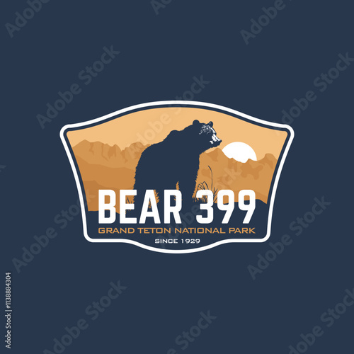 Grand Teton National Park with bear and mountain Stickers patch emblem badge Logo vector illustration