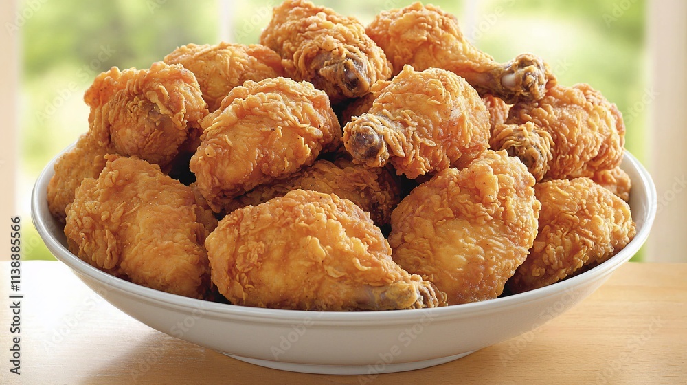 Crispy fried chicken pieces in a white bowl. Crispy fried chicken pieces in a white bowl.
