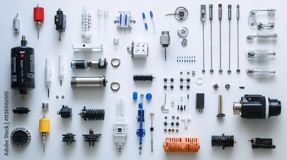 Assorted mechanical parts neatly arranged on white surface Assorted mechanical parts neatly arranged on white surface