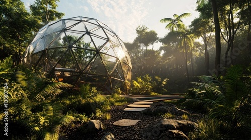 Glass geodesic dome in lush tropical forest at sunrise.