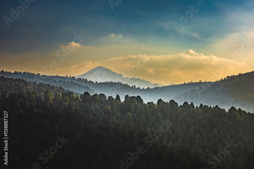 Background beautiful mountain landscape with sunset or sunrise