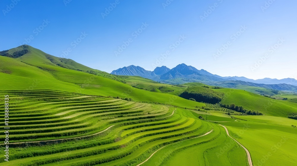 Obraz premium Lush green terraced fields under a clear blue sky and mountains.