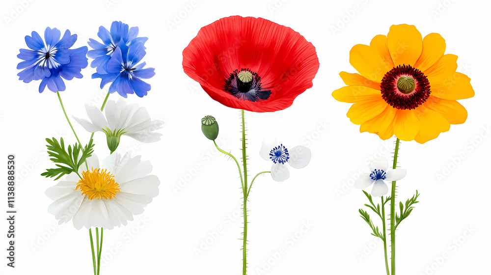 Obraz premium Poppy, chamomile, cornflower, clover, anemone and sunflower watercolor wildflowers. Blooming. Illustration