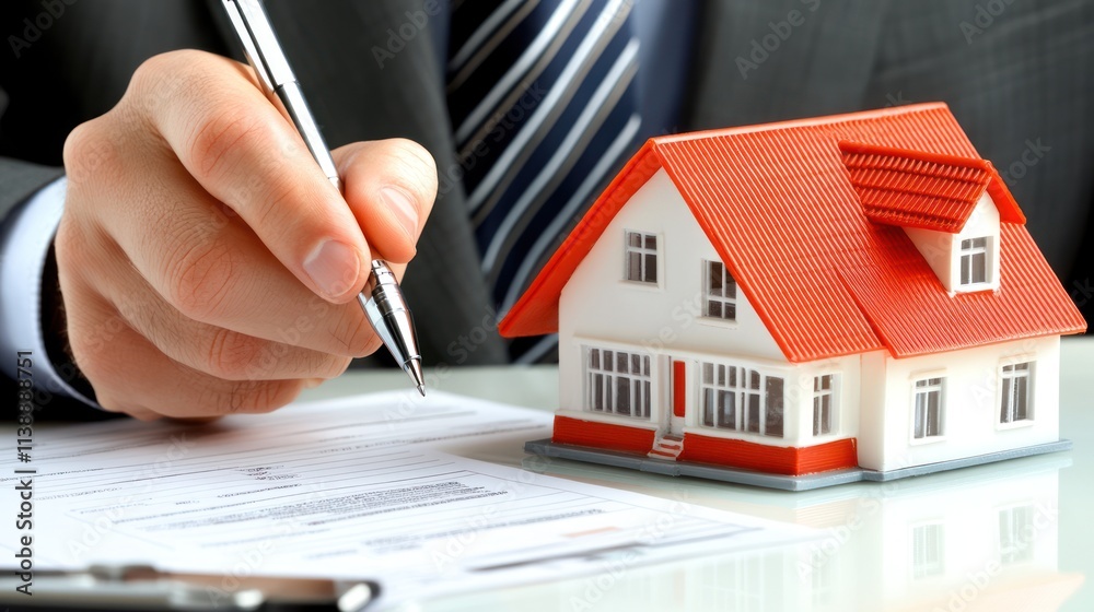Fototapeta premium Close-up of a hand signing real estate documents with a house model nearby.