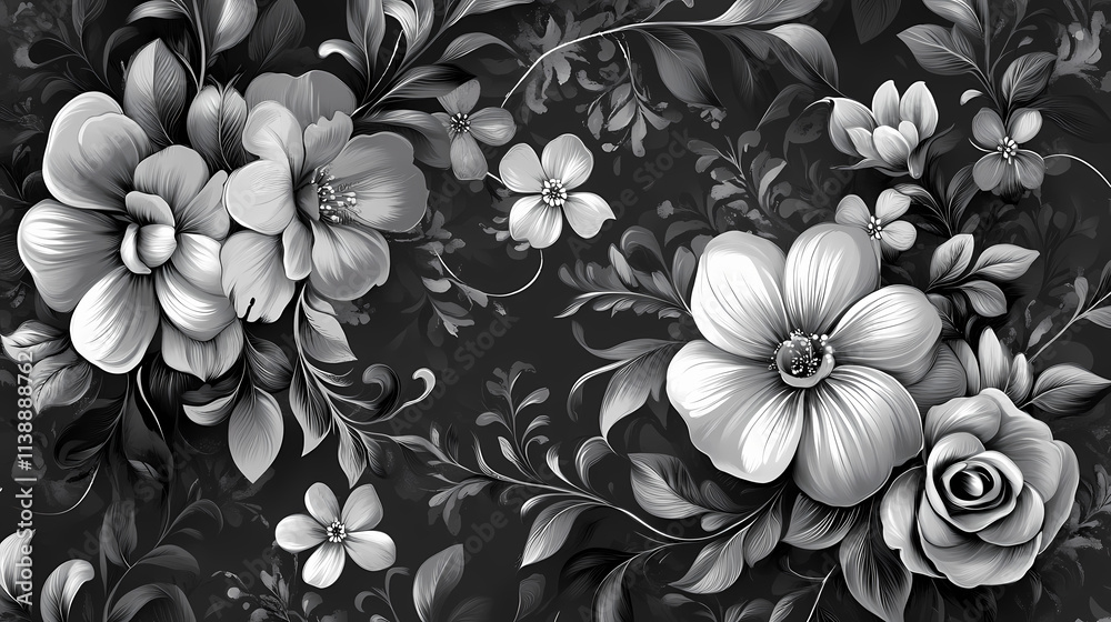 Seamless charcoal small floral elements wallpaper design with delicate blooms and leaves, delicate, floral. Blooming. Illustration Seamless charcoal small floral elements wallpaper design with delicate blooms and leaves, delicate, floral. Blooming. Illustration