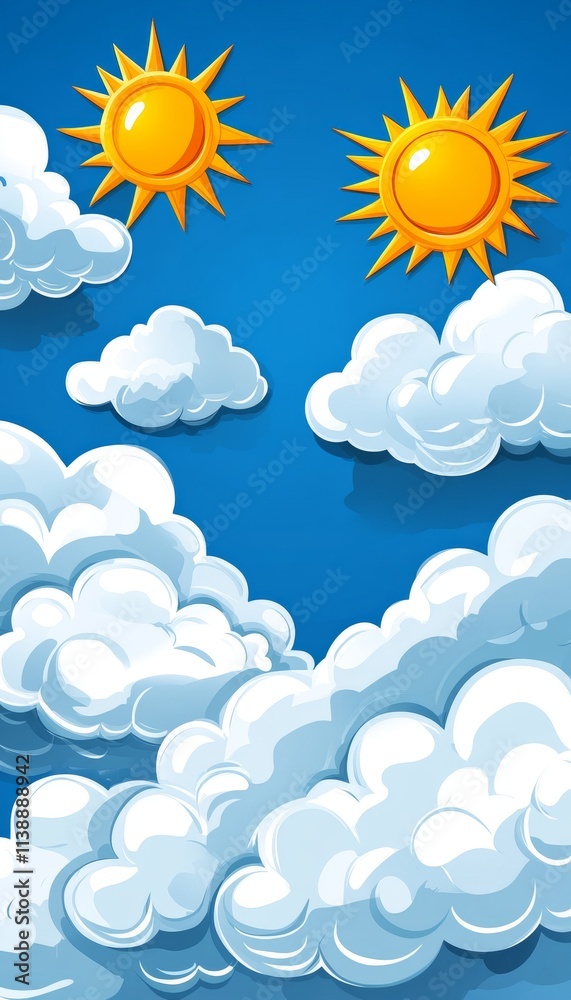 Playful Sky Background, Fluffy Clouds, And Cheerful Suns On A Sunny Day. Cloudscape Illustration Playful Sky Background, Fluffy Clouds, And Cheerful Suns On A Sunny Day. Cloudscape Illustration