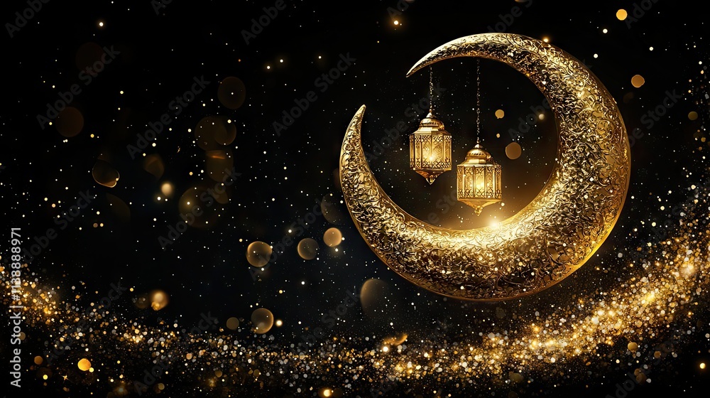 Golden Crescent Moon with Lanterns and Glittering Stars Background Golden Crescent Moon with Lanterns and Glittering Stars Background