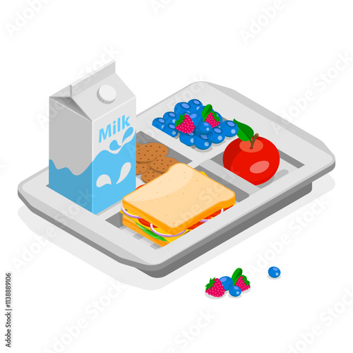 3D Isometric Flat Vector Set of School Lunch Boxes, Kids Snacks. Item 1