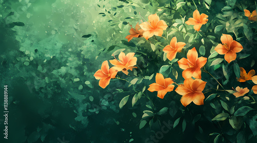 Fototapeta Naklejka Na Ścianę i Meble -  Stunning watercolor painting of vibrant orange trumpet vine flowers in full bloom surrounded by lush green foliage elegant and floral design with a soft natural aesthetic. Blooming. Illustration