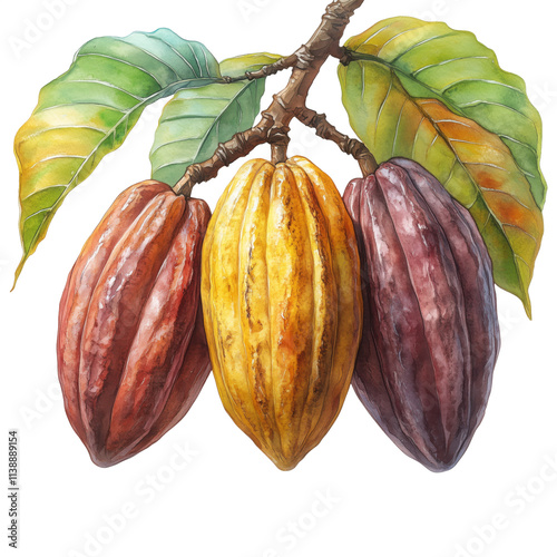 Watercolor Illustration of Cacao Beans and Pods  isolated on transparent  background
