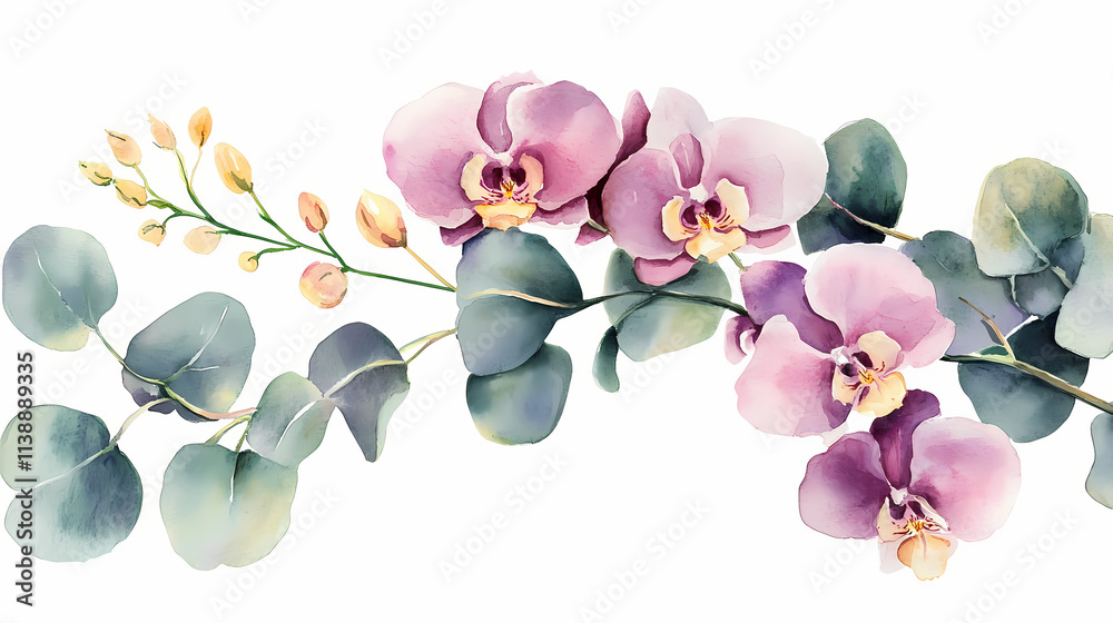 Naklejka premium These watercolor eucalyptus leaves, herbs, branches, wildflowers, and orchids are perfect for floral designs. Blooming. Illustration