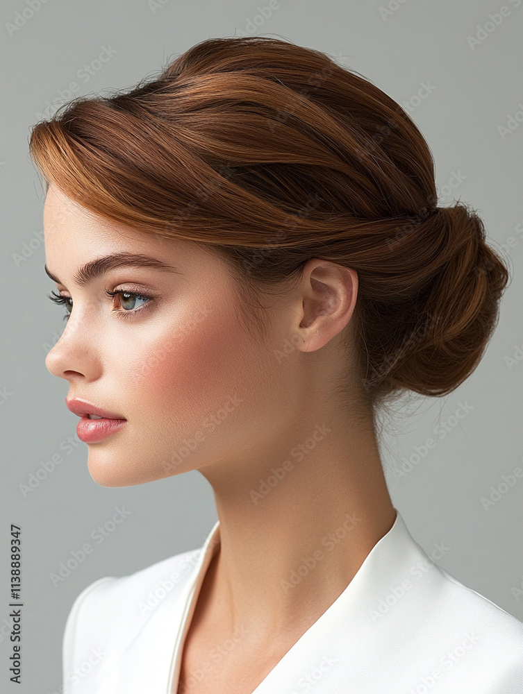 Model showcases elegant hairstyle in portrait Model showcases elegant hairstyle in portrait