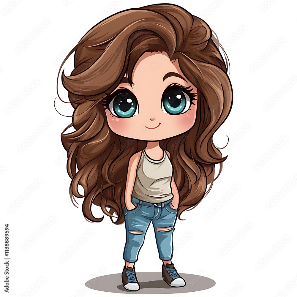 Cute chibi girl in jeans. Kawaii fashion illustration. Cute chibi girl in jeans. Kawaii fashion illustration.