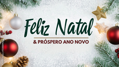 Feliz Natal e próspero ano novo texto em fundo natalino com decoração, vela, bolas de natal, presente. 