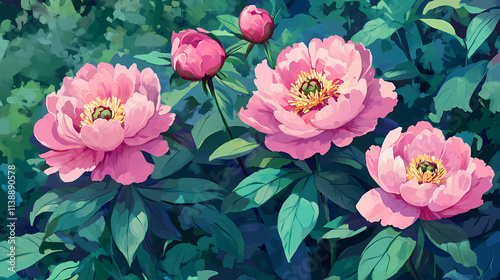 Fototapeta Naklejka Na Ścianę i Meble -  Lovely pink peonies in the garden with fresh blooms and vibrant pink colors. Blooming. Illustration