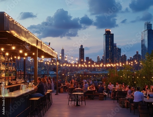 A rooftop bar with string lights, people socializing and enjoying drinks, overlooking the city skyline at dusk A lively scene of urban outdoor living in an open-air setting Generative AI photo