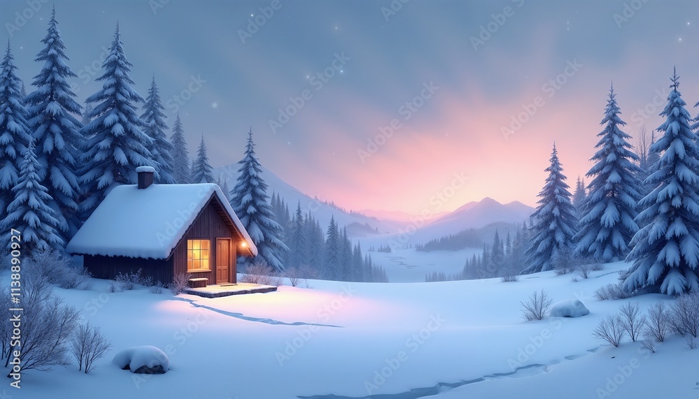 Fototapeta premium Cozy cabin in a winter wonderland with warm light at dusk surrounded by snowy trees