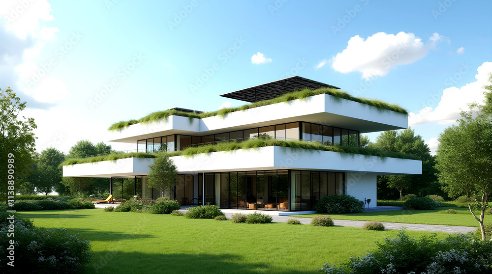 A green roof installation on a sustainable building. Generative AI panels on the roof environmentally friendly garden with grass vegetation and energy solar panel AI residential architecture property A green roof installation on a sustainable building. Generative AI panels on the roof environmentally friendly garden with grass vegetation and energy solar panel AI residential architecture property