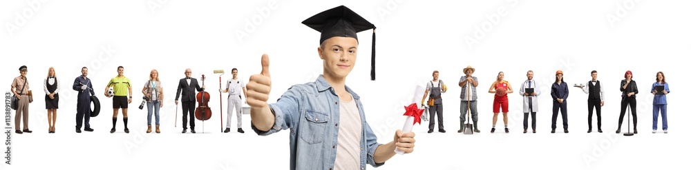 Happy graduate student gesturing thumbs up in front of people with different professions Happy graduate student gesturing thumbs up in front of people with different professions