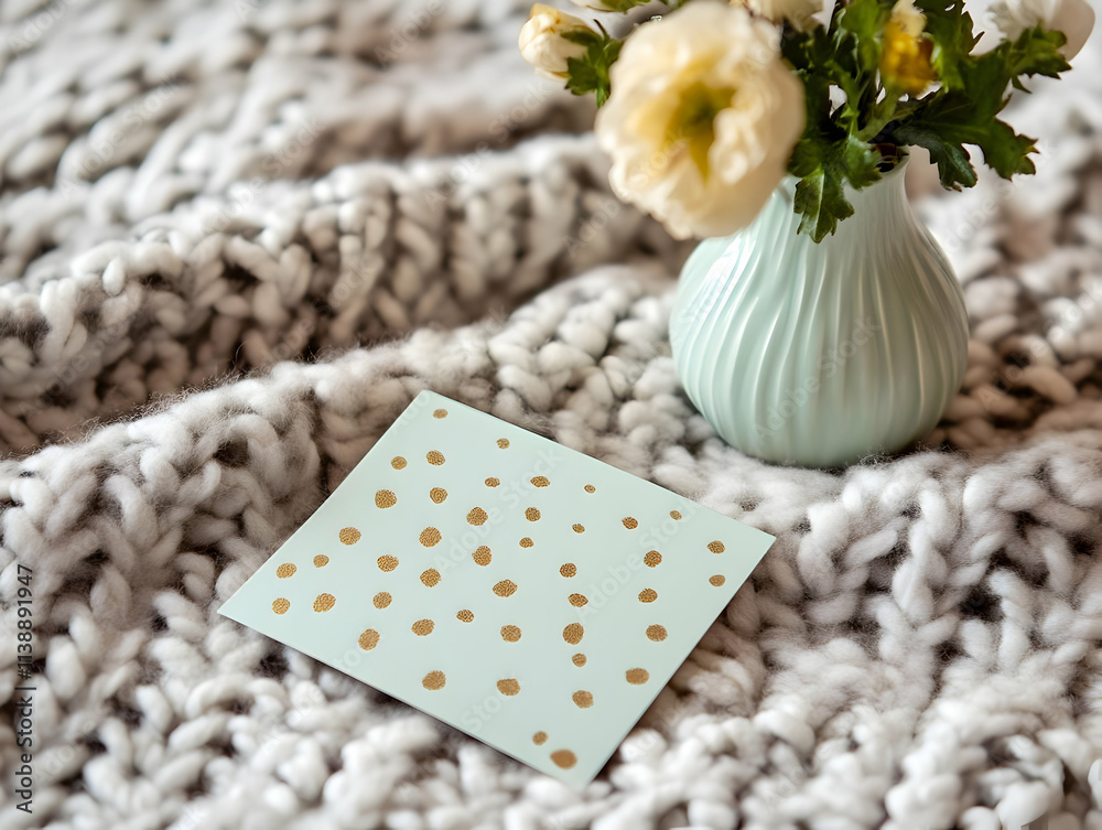 A decorative card with gold dots placed beside a small vase of flowers on a cozy blanket. A decorative card with gold dots placed beside a small vase of flowers on a cozy blanket.
