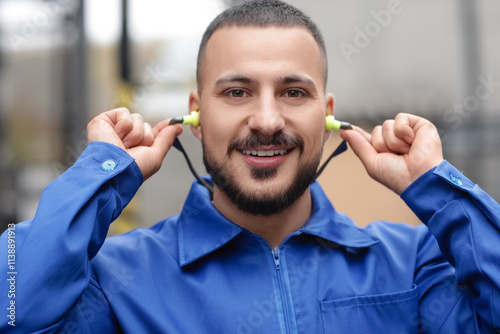Male builder putting in ear...