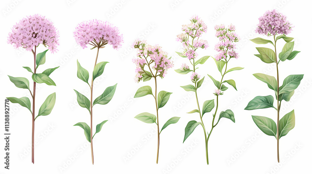 Fototapeta premium Collection of eupatorium purpureum plants beautiful isolated on white background. Blooming. Illustration