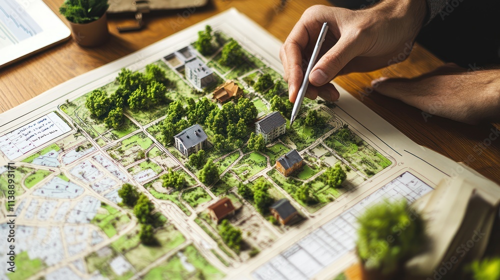 Hands using stylus on a detailed model of a residential area with miniature houses and trees on a table. Hands using stylus on a detailed model of a residential area with miniature houses and trees on a table.