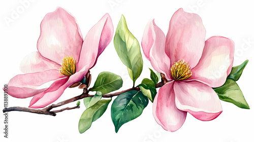 Fototapeta Naklejka Na Ścianę i Meble -  Detailed watercolor of a blooming magnolia flower, magnolia watercolor, southern charm. Blooming. Illustration