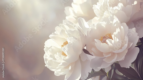 Fototapeta Naklejka Na Ścianę i Meble -  Elegant white peonies closeup oil painting in vintage romantic style. Blooming. Illustration