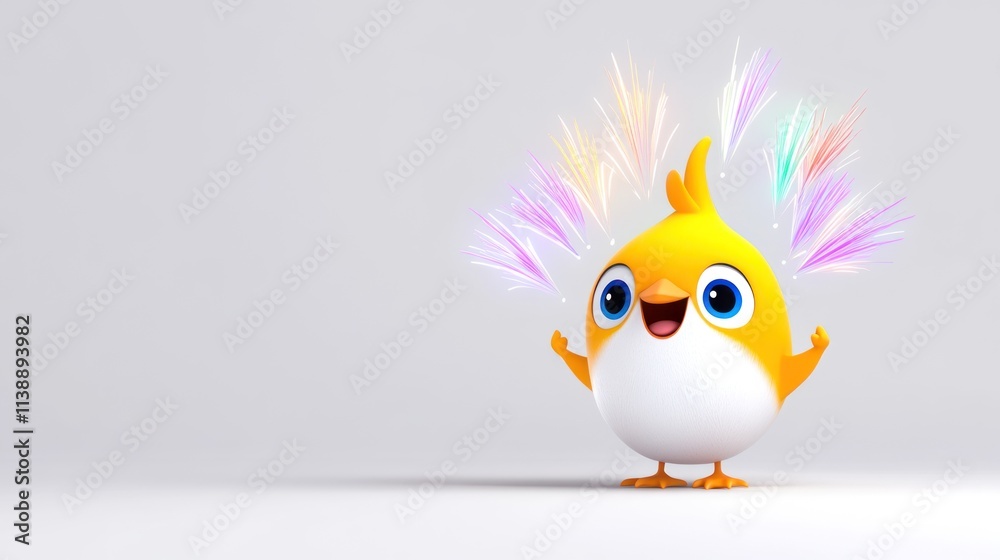 Obraz premium A cheerful cartoon bird with colorful sparks around it.