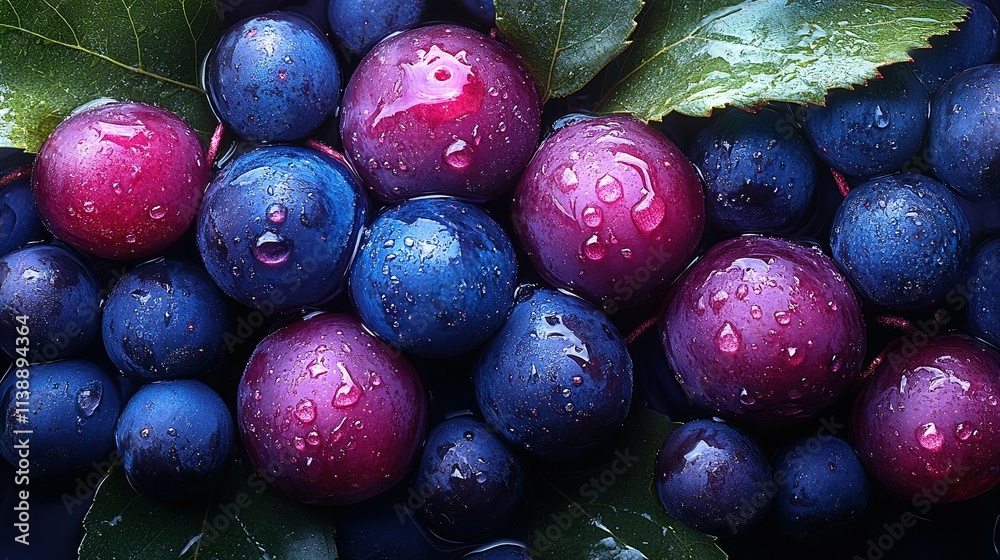 Dewy Purple and Blue Grapes with Lush Green Leaves Dewy Purple and Blue Grapes with Lush Green Leaves