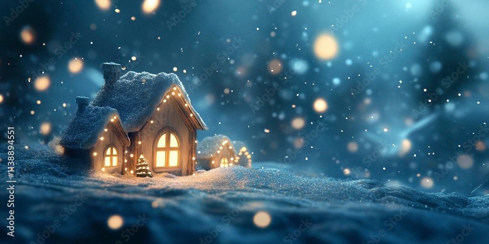 Dreamy Holiday Scene with Glowing Wooden Houses Ornaments and String Lights in Falling Snow Dreamy Holiday Scene with Glowing Wooden Houses Ornaments and String Lights in Falling Snow