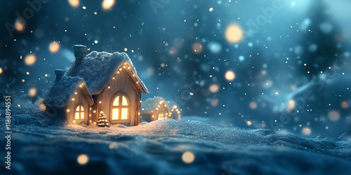 Wallpaper Mural Dreamy Holiday Scene with Glowing Wooden Houses Ornaments and String Lights in Falling Snow Torontodigital.ca