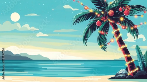 Vibrant flat illustration of a tropical Christmas beach with decorated palm trees, festive lights, and a peaceful ocean sunset