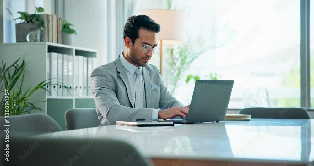 Business man, paperwork and laptop with accounting research for budget, statistics and growth management. Tech, professional and report with investment admin and email for planning of accountant