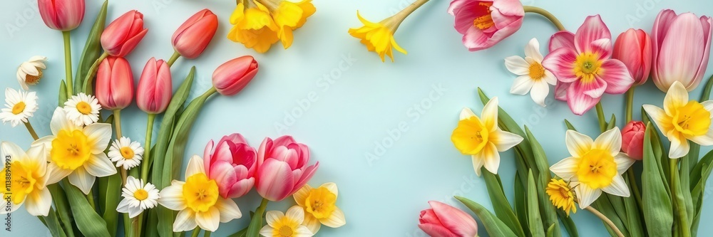 Colorful spring flowers including tulips, daisies, and daffodils arranged on a pastel paper background, vibrant, natural, paper Colorful spring flowers including tulips, daisies, and daffodils arranged on a pastel paper background, vibrant, natural, paper