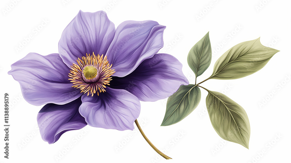 A large, vibrant purple flower with a yellow center, surrounded by green leaves, and a long stem. Blooming. Illustration A large, vibrant purple flower with a yellow center, surrounded by green leaves, and a long stem. Blooming. Illustration