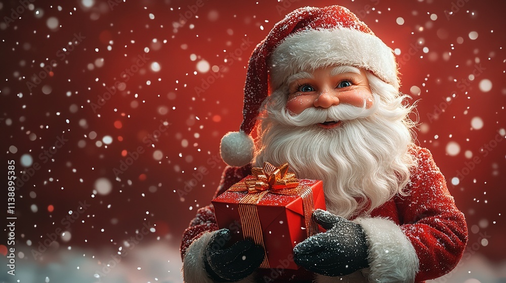 Santa Claus holding a Christmas gift in snowy scene Santa Claus holding a Christmas gift in snowy scene