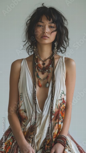1970s bohemian look with a model in a flowy maxi dress and layered necklaces, positioned on a white background for a free-spirited feel .